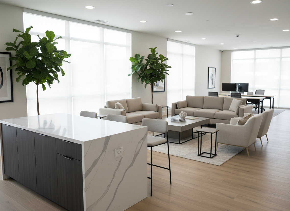 A bright, modern multifamily leasing and resident lounge interior, designed to feel like a professional yet comfortable hub. In the foreground, a large quartz-topped island with a subtle veining pattern sits on dark wood cabinetry, flanked by sleek, backless stools with upholstered seats. Behind, a seating area with structured, neutral-toned sofas and low-profile armchairs surrounds a minimalist coffee table. Floor-to-ceiling windows line one wall, filling the space with diffused daylight and soft reflections on the polished LVT flooring. Recessed ceiling lights add even illumination without harsh glare. The mood is composed, organized, and welcoming, with photographic realism, eye-level composition, and a shallow depth of field that keeps the main seating and work areas in focus while gently softening the distant background.