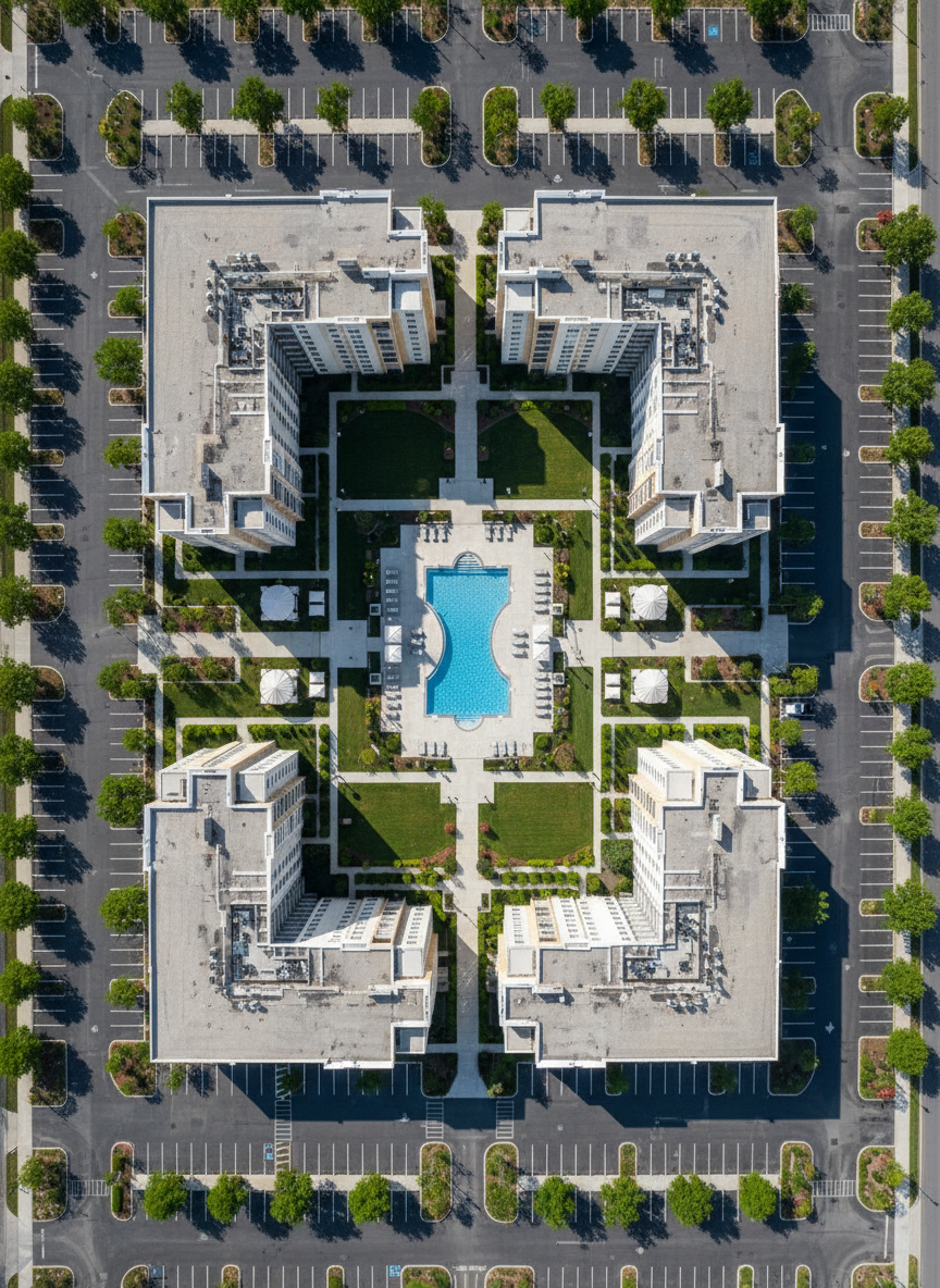 An overhead, bird’s-eye view of a multifamily community site plan brought to life in photographic realism. Multiple mid-rise apartment buildings with consistent, neutral color palettes are arranged around a central courtyard featuring a pool, lounge seating, and shaded areas. Parking is neatly organized along the perimeter with clearly defined drive lanes and landscaped islands. Pathways connect entrances, amenities, and green spaces in a logical, efficient layout. The lighting simulates bright midday sun with minimal shadows, emphasizing clarity and structure over mood. The composition is centered and symmetrical, highlighting the property’s orderly organization and long-term planning. The overall atmosphere conveys disciplined operations, with every element—from trees and lawns to hardscape—appearing well-maintained, efficient, and intentionally placed, suitable for illustrating portfolio strategy and asset-level thinking.