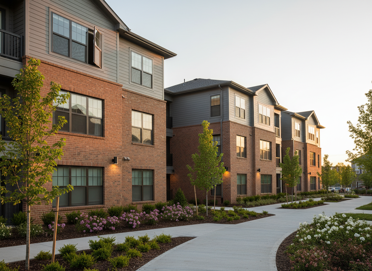 A contemporary multifamily apartment community seen from a slightly elevated eye-level perspective, emphasizing clean architectural lines and thoughtful landscaping. The mid-rise buildings feature warm-toned brick, slate gray siding, and large, energy-efficient windows with subtle reflections. In the foreground, a wide, well-lit pedestrian walkway of textured concrete curves through manicured greenery, flowering shrubs, and young trees. Early evening natural light casts a soft, golden glow on the façades, with gentle shadows adding depth while exterior sconces begin to illuminate entries. The mood is calm, secure, and welcoming, conveying long-term stability. Photographic realism, sharp focus throughout, with a balanced composition using the rule of thirds, ideal as a hero image for a professional multifamily real estate investment firm.