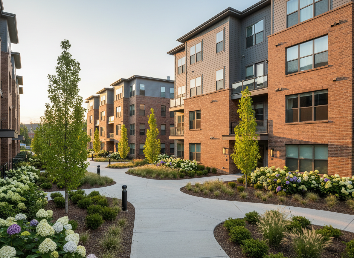 A contemporary multifamily apartment community seen from a slightly elevated eye-level perspective, emphasizing clean architectural lines and thoughtful landscaping. The mid-rise buildings feature warm-toned brick, slate gray siding, and large, energy-efficient windows with subtle reflections. In the foreground, a wide, well-lit pedestrian walkway of textured concrete curves through manicured greenery, flowering shrubs, and young trees. Early evening natural light casts a soft, golden glow on the façades, with gentle shadows adding depth while exterior sconces begin to illuminate entries. The mood is calm, secure, and welcoming, conveying long-term stability. Photographic realism, sharp focus throughout, with a balanced composition using the rule of thirds, ideal as a hero image for a professional multifamily real estate investment firm.