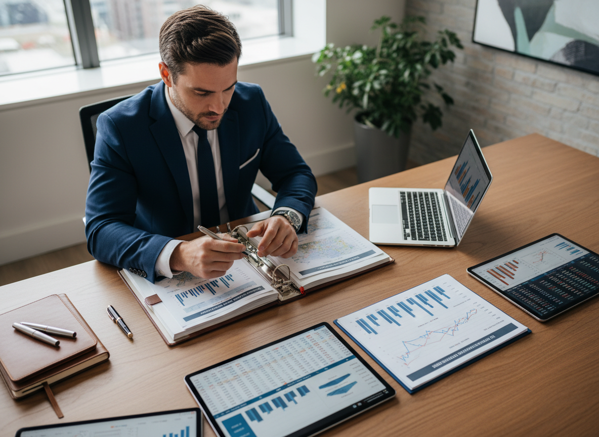 A professional investor carefully reviewing financial documents and property analysis reports on a clean desk, with charts and market data visible.