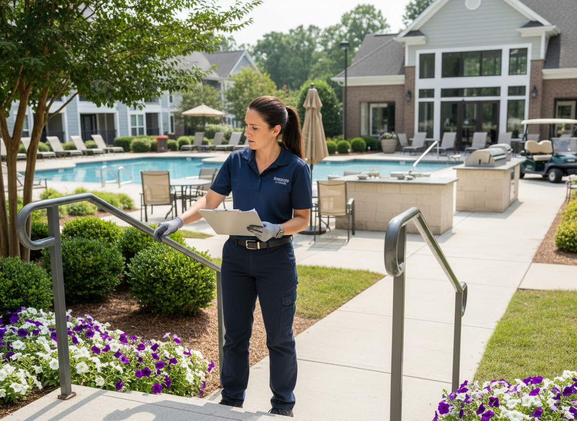 A disciplined property operations team member on-site at a well-maintained multifamily apartment community, clipboard in hand, inspecting details with precision.